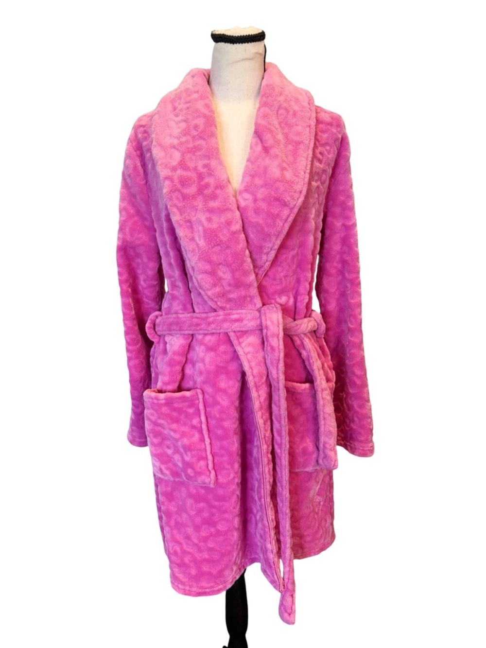 Juicy Couture Pink Plush Leopard Print Robe L/XL Belted Cozy Sleepwear